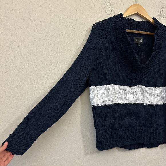 AYR Sweater Navy Blue Pullover V-Neck Open Knit Cotton Relaxed Preppy - Picture 3 of 7